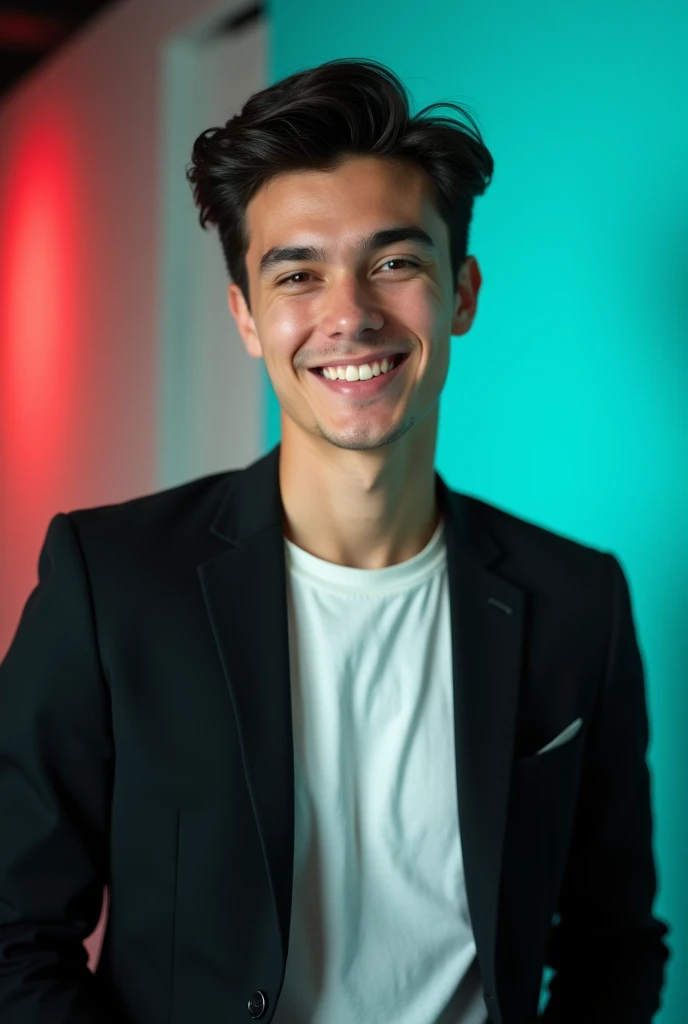 A young man with dark hair and a confident smile. He is dressed in a black blazer over a white T-shirt. The man is positioned against aqua colour backdrop with a subtle red lighting on the left side. And he posing linkedin profile 