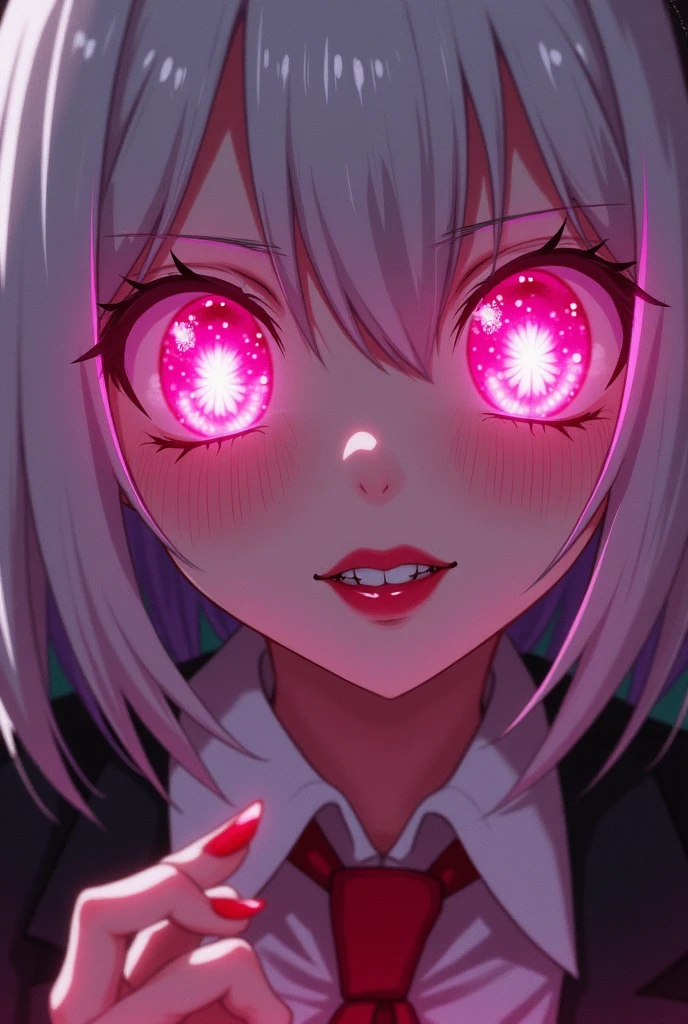 Kakegurui female character: White hair, hot pink eyes, lips and nails. Her eyes are hot pink and have big white sparkles. She also wears the usual Kakegurui school uniform. She's gambling with a creepy smile.