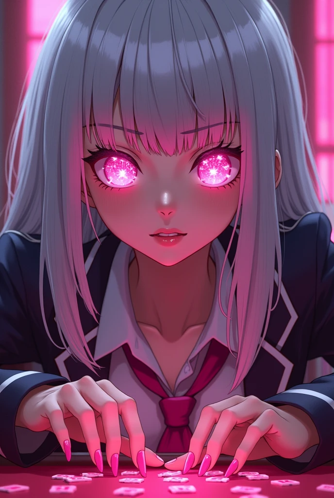 Kakegurui female character: White hair, hot pink eyes, lips and nails. Her eyes are hot pink and have big white sparkles. She also wears the usual Kakegurui school uniform. She's gambling with a creepy smile.