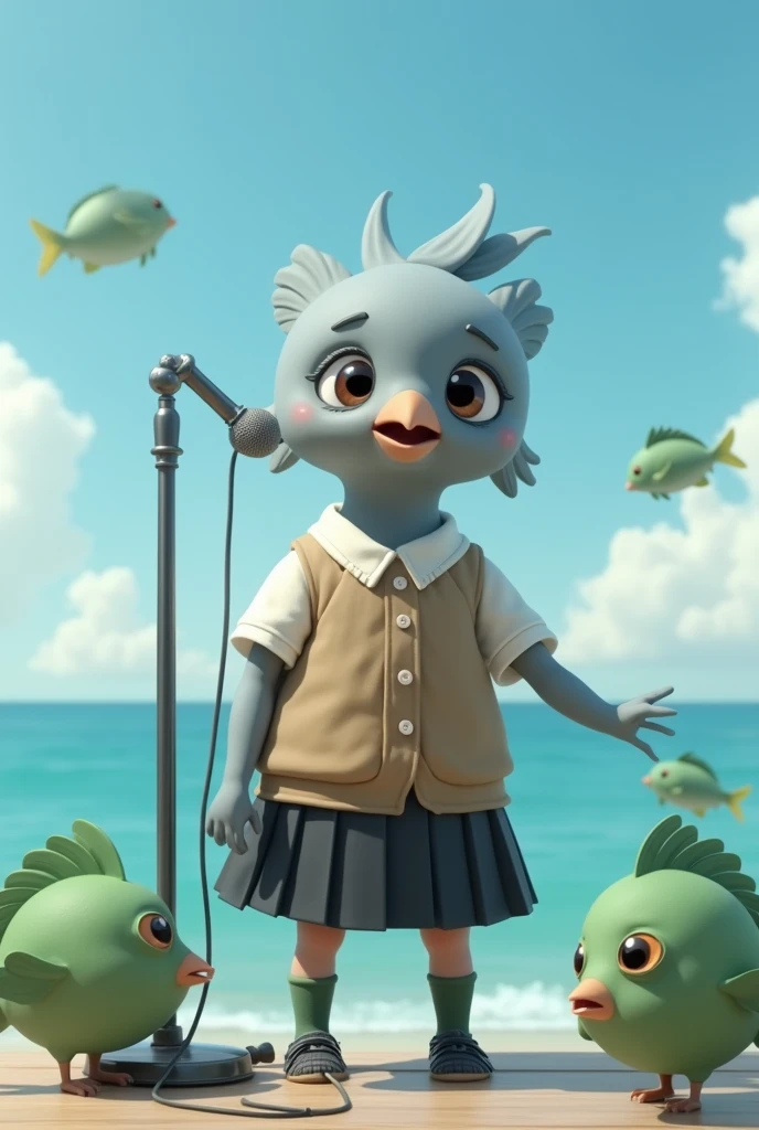 ((Highest quality)), ((masterpiece)), (photograph:1.6), (front), photorealistic, portrait, Singing with a microphone surrounded by lots of green, round puffer fish。
Big cute eyes, human expression。A small grey female pigeon with a head slightly larger than its body。
Off-white short-sleeved collared shirt with a light brown vest that was closed at the front、A knee-length black skirt with dark green socks and black shoes、Clear blue sky and ocean views。
