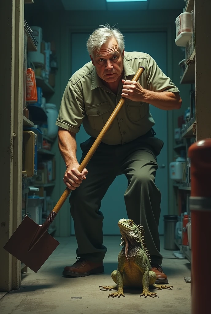 A frightened janitor tries to remove a small iguana with a shovel