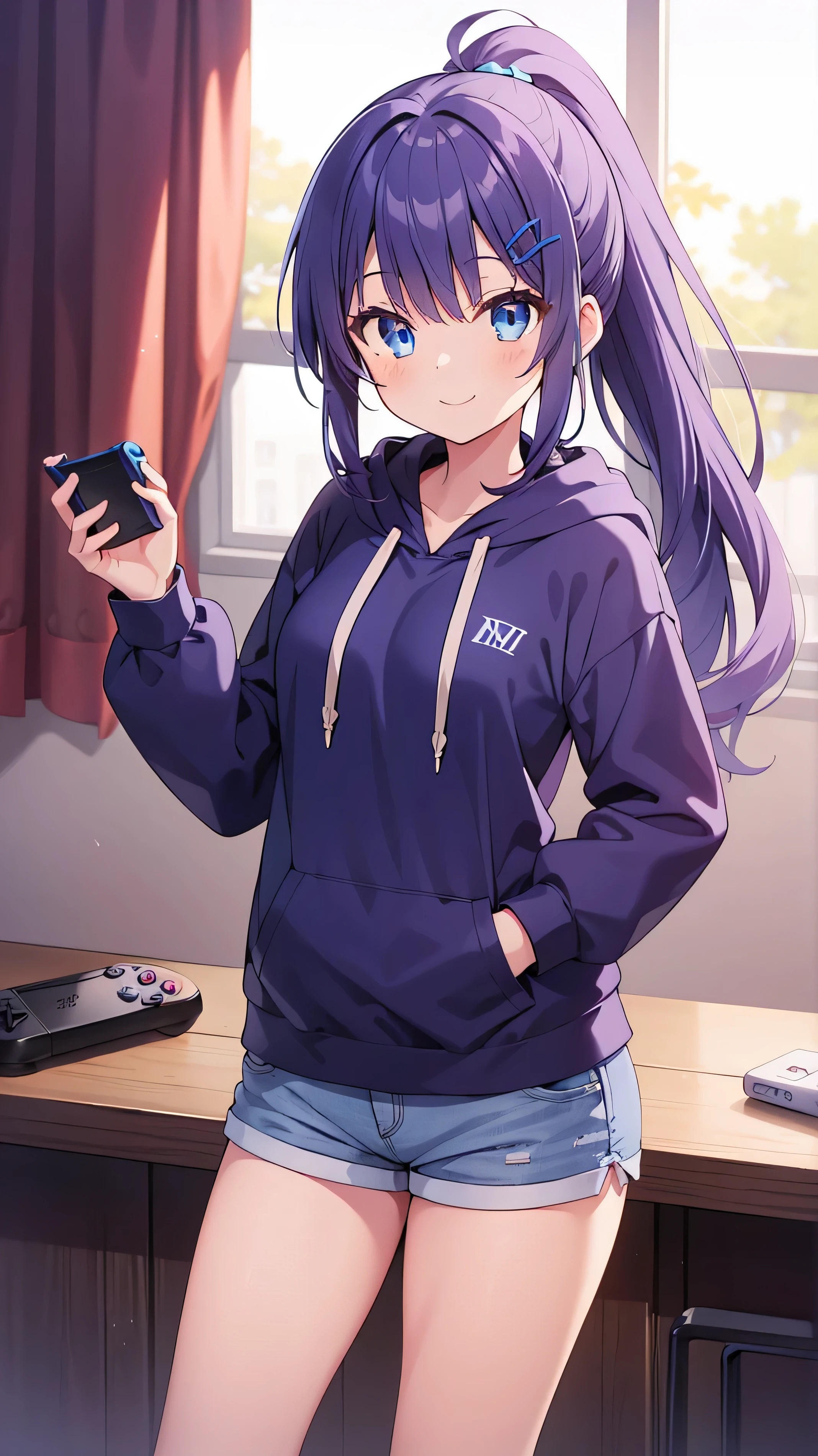 Blue-purple hair, dark blue eyes, long hair, ponytail, (hairpin:1.1), long-sleeved hoodie, ,small breasts,shorts, , , short, round eyes, sparkling eyes, owns a game console, confident, smiling a little There is,