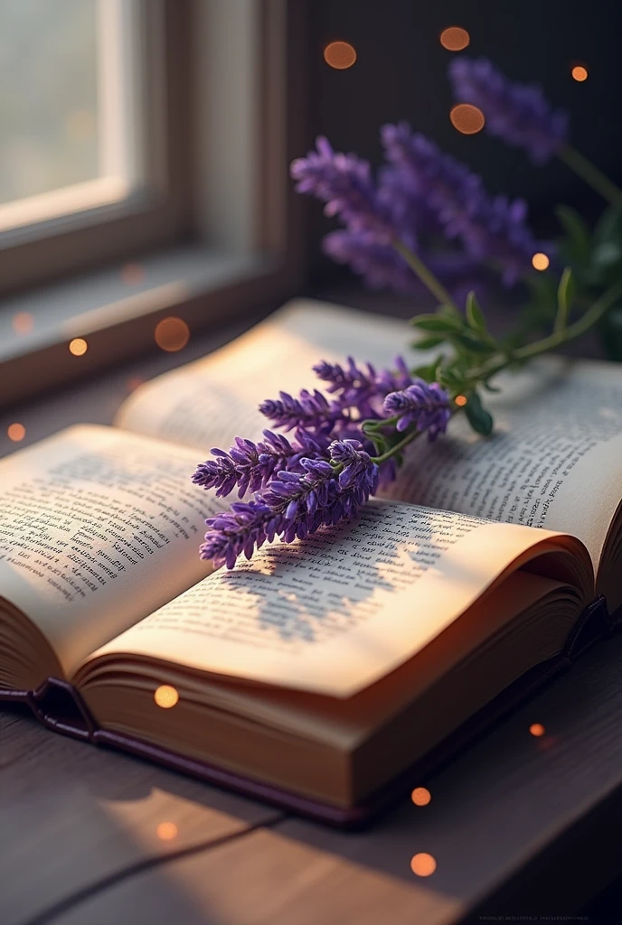 This image is、The scene shows lavender flowers placed on an open book.。The pages of the book are slightly yellowed.、I can see the letters、The details are not clear。There are faint dots of light in the background.、It creates a soft atmosphere。Lavender flowers are bright purple。Make it stylish。Show the whole book