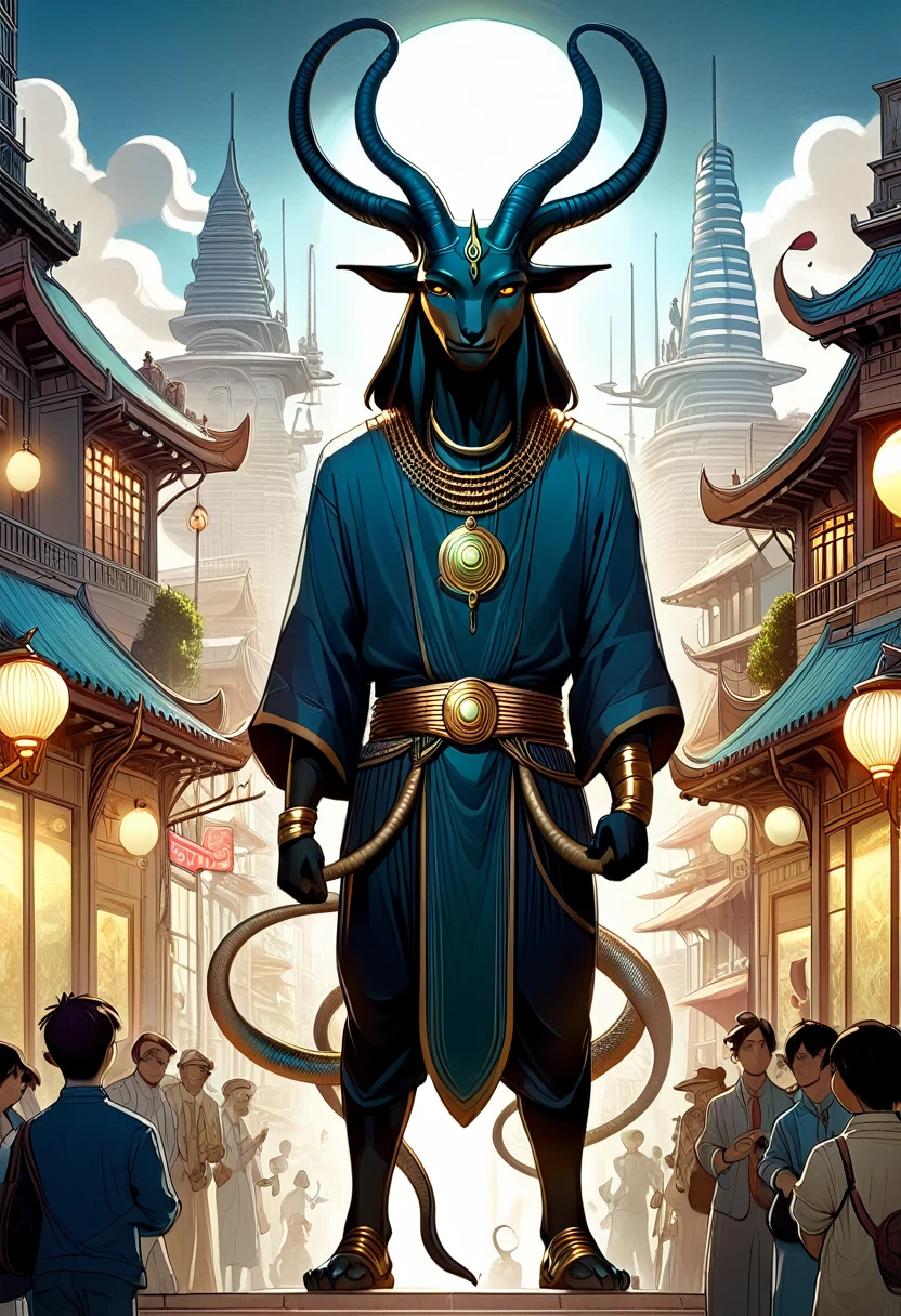Fusion of a bull and a snake, Anubis, Concept art, Art Nouveau, high detail, beautiful atmosphere, by Andrei Riabovitchev, Shaun Tan, Peter Mohrbacher and Takashi Murakami,epic composition, light effects