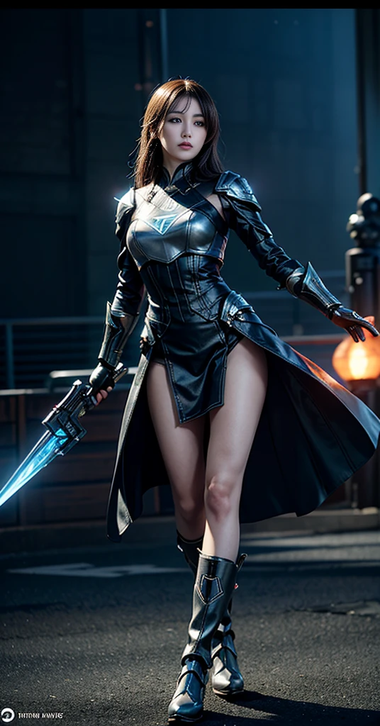 (Cinematography),(Honoka (Dead or Alive 5)),(heavenly beauty), (masterpiece, best quality), (Wearing Futuristic Transparent Reinforced Machine Parts),1 girl Sexy witcher cyberpunk, robotic armor,64K, CG game artstyle, realistic, raw photo, areola shape clear, photorealistic, high resolution, soft lights, solo,beautiful eyes, witch robe, witch clothing, beautiful skin, attractive, ultra high resolution, ultra realistic, off-sheller, night view, burning city, post apocalyptic world, cinematic lighting, black colored gradient brown hair, long Straight hair brun bang, blue ribbons, weapon in hands, alien spaceship, futuristic fantasy, legs open, view from below, bottom view, battle pose,Very dramatic and cinematic lighting, (High dynamic range), Ray tracing, NVIDIA RTX, Super Resolution, Unreal engine5, Subsurface scattering, PBR Texturing, Post-processing, Anisotropy Filtering, depth of fields, Maximum clarity and sharpness , Multilayer textures, Albedo and specular maps, Surface Shading, Precise simulated light material interactions, Perfect proportions, Octane Rendering, Two-tone lighting, Wide aperture, Low ISO, White Balance, thirds rule, 74K RAW,full-body,(show futuristic boots )