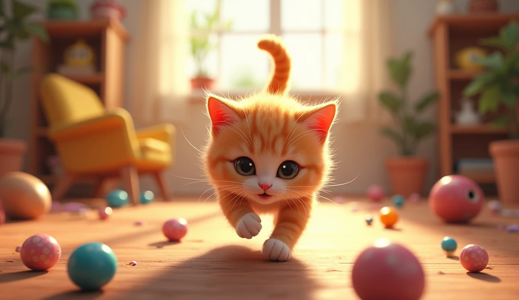 Whiskers and Scamper running around the house, playing hide-and-seek, with toys and furniture scattered around, and a few motion lines to show their movement