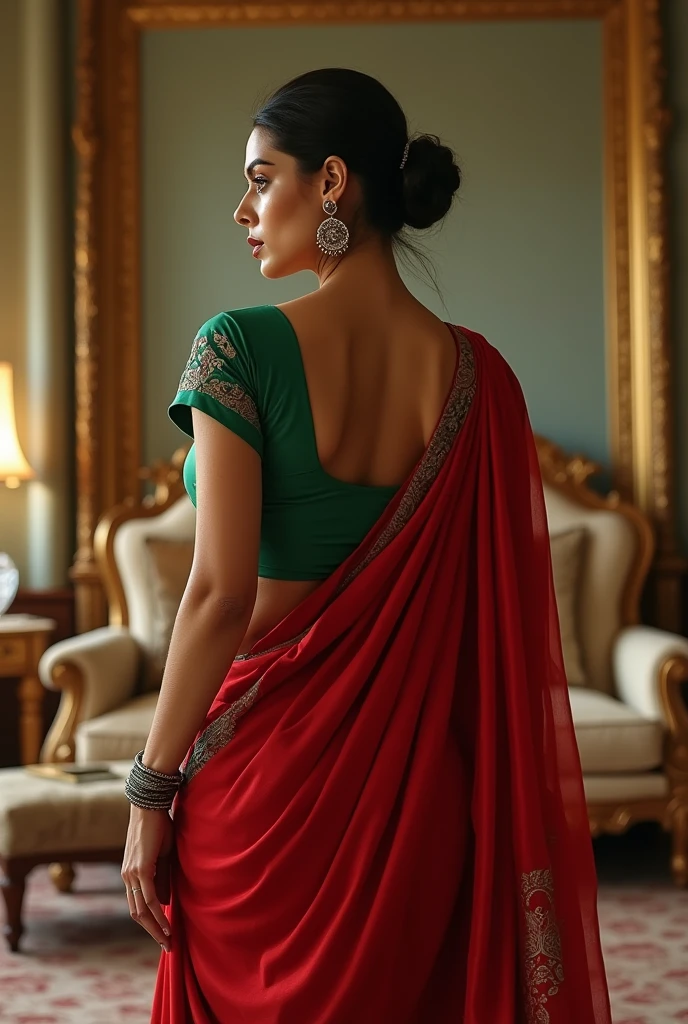  Indian woman Aishwarya Rai in green satin blouse red saree , tied hair bun, lifting a man above her shoulders, man is sitting on woman's shoulders, in a bedroom with high ceiling, woman is showing her back to the camera , full body image , close up 