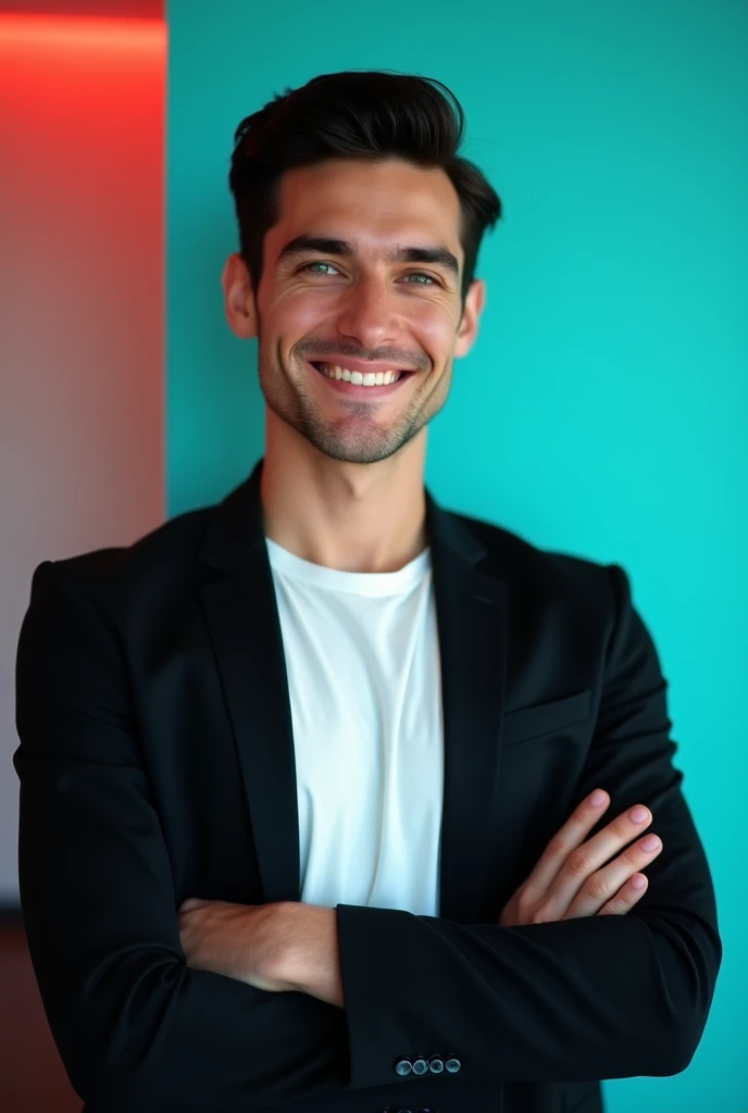 A young man with dark hair and a confident smile. He is dressed in a black blazer over a white T-shirt. The man is positioned against aqua colour backdrop with a subtle red lighting on the left side. And he posing linkedin profile