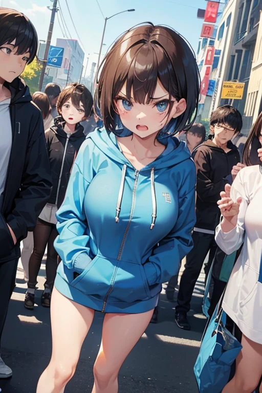 (blue naked hoodie)、short hair、Zip-up、nice、Show off her breasts、Brown Hair、Big Breasts、((Very good))、Milk Crush、city、city内、crowd、Attention、Pussy、Pussy、Lower body naked、Outdoor masturbation、Like before、Pussy汁、Shove your hands into your pockets、Broken、((Open your mouth and get angry))、(Molester)、Double teeth、Being touched by someone、((Men gather))、(Angry)