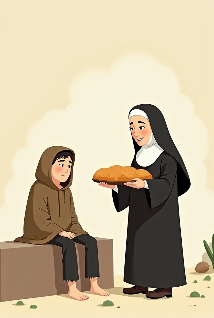 animated nun with hair coming out from behind her blanket that covers her head and easy to draw giving a loaf of bread to a homeless person sitting on a wall and with damaged clothes and no shoes animated and easy to draw with closed eyes and her smiling eyes like a dot