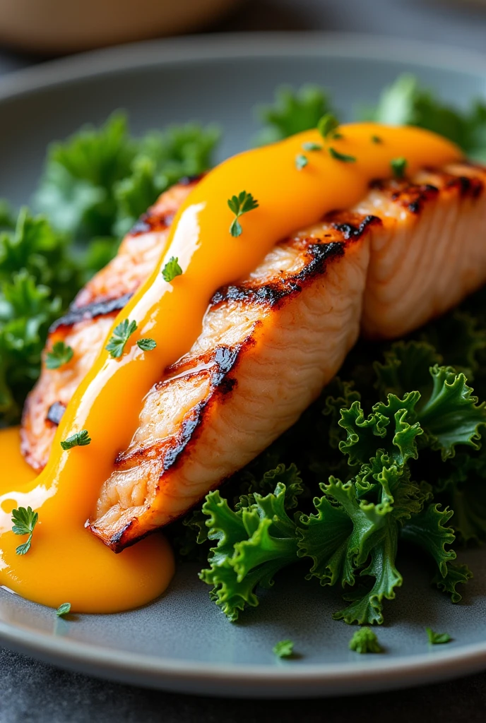 Grilled salmon fillet with passion fruit sauce and realistic crispy kale