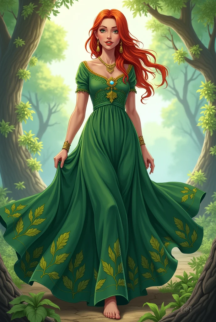 I create 2D art, Keyleth vox machina, bottomless green dress, leaf details, no criticisms traditional comic book art.