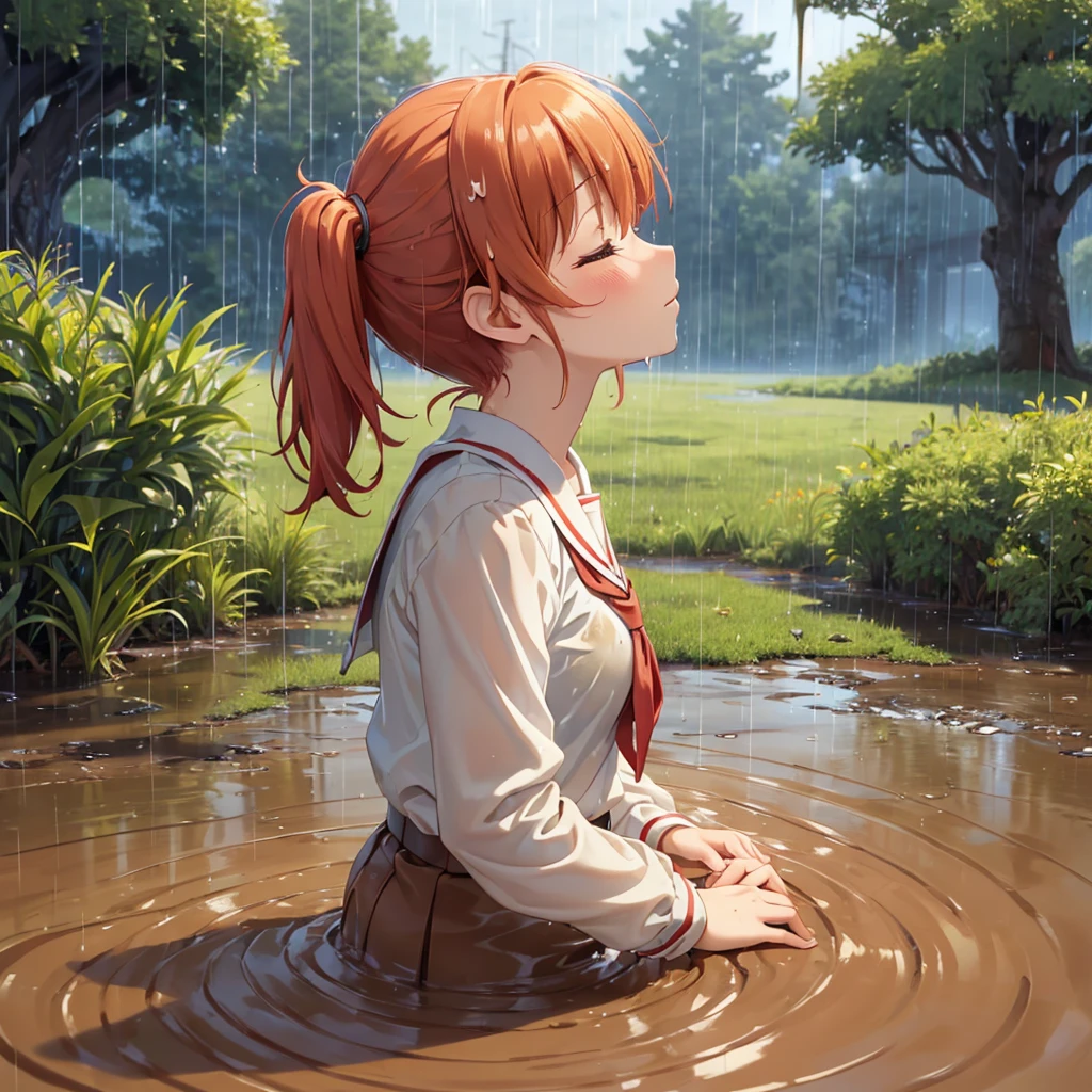 masterpiece, best quality, highres, solo:2, blush, anime CG style, good lighting, swamp, bog, (quicksand:1.5), (submerged up to her torso), kinomoto sakura, aichan, mikuru1, breasts, (catholic school uniform), ginger girl, red ponytail hair, covered in mud, bog, grass, trees, (orgasm:1.5), (looking up:1.4), eyes closed, (from the side:1.5), (rainy weather:1.4)