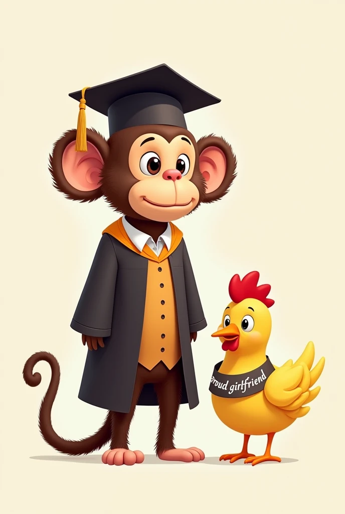 graduated monkey next to a little chicken with a band in the body that says proud girlfriend