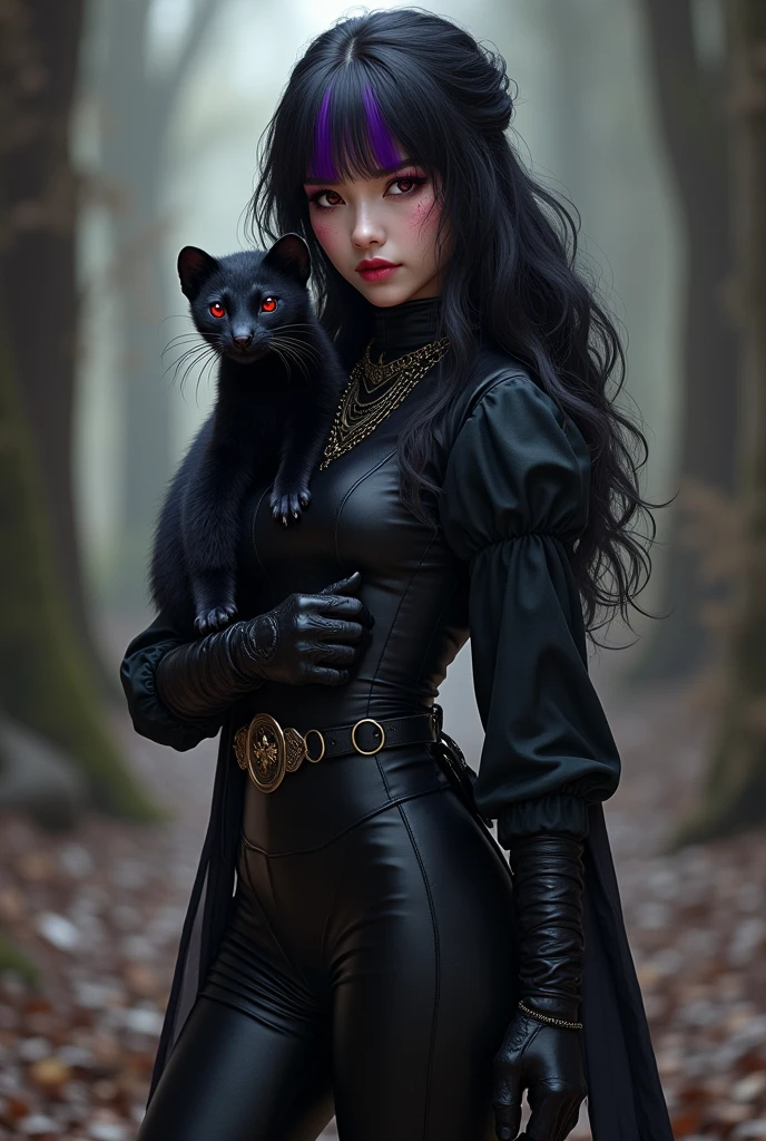 twenty year old woman,long black wavy hair,purple fringe,Eyes red,black leagwear,with a black fur ferret on its neck,medieval times. 