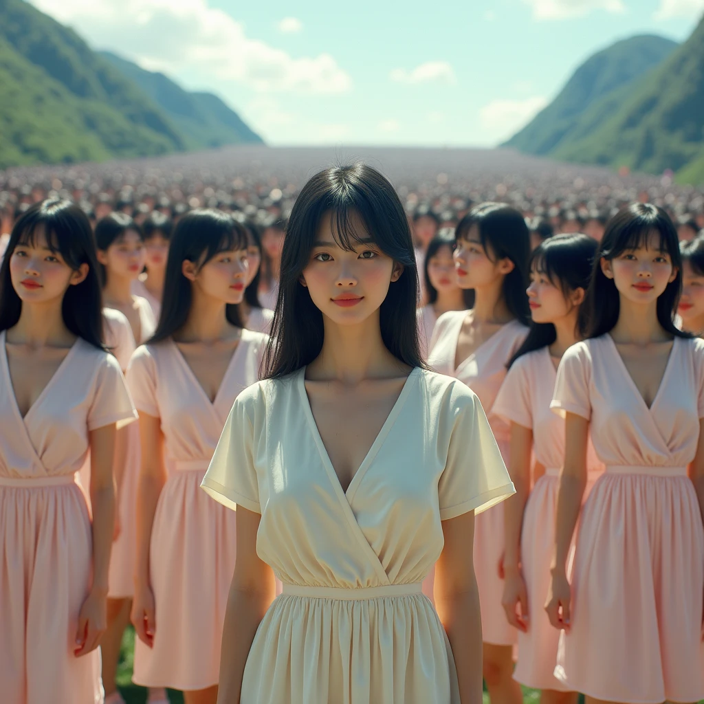 (((((Japanese Clone girls=Myself)))))), (((Best Super High quality Myself Clone girls Raw Photography Art))), (16K, Highest quality, Ultra-high resolution, RAW Photos), (((It&#39;s so unrealistic., With unparalleled depiction, With an unfathomable sight, An unprecedented and shocking worldview, Clone girls in a world of mass reproduction, Ultra-realistic))), (((Japanese, woman, 20yo, Saito-Asuka))), (Small face, ((Thick black hair, Semi-long hair))), ((V-neck short-sleeve dress)), (((((Very detailed美しい女体, Accurate body structure, Very detailed完璧な, Super busty body with very large breasts, Clearly emphasizes cleavage))))), (((Dark Eyes, Mature face, Cute Smile, A gentle gaze))), (((Her happy and smiling expression is so cute))), ((((((((Very detailed分身増殖描写, ((1girl→Myself cloning→1,000,000,000,000,000,000,000,000,000,000,000,000,000,000,000,000,000,000,000,000Myself Clone girls)))))))))), ((((((((Very detailed, The precise depiction of the proliferation of Myself Clone girls, ((With the perfectly identical bodies of Myself clone girls, With the exact same face as the Myself clone girls, With the exact same hairstyle as the Myself clone girls, In the exact same clothes as the girls who are my clones, Perfectly the same height as the Myself clone girls, Super big breasts, just like the Myself clone girls)))))))))), (((Myself clone girls only))), (((Multiple pairs, Very detailed depiction, (Myself clone girls hug each other, Myself clone girls assemble, Fun conversations with fellow Myself clone girls, A fun conversation between Myself clone girls, Myself clone girls holding hands, Walking with lots of Myself clone girls)))), (((Everyone looks at the camera))), (((Unbelievably crowded, Transcendent Myself clone girls intimately, Countless Myself clone girls surround you in 360 degrees))), (Bright, soft sunlight), (((Very wide field of view, Very detailed, Detailed ultra-perspective depiction with clear depth, super wide top view))), (((((Where there is a curved slope))))), (((Very photographic and detailed depiction, Myself clone girls will multiply infinitely and fill the surroundings from one side to the horizon with their bodies tightly packed together without any gaps., A scene of endless Myself clone girls and a fun atmosphere))), (Focus on the average value of the image)