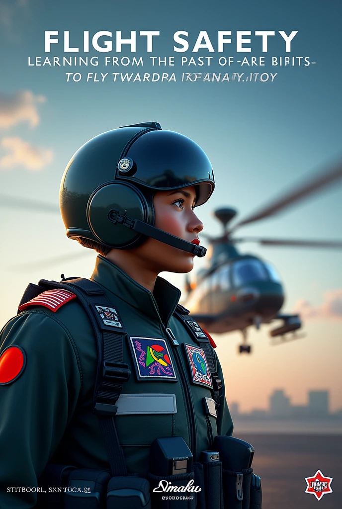 Make a poster of flight safety regarding LEARN FROM THE PAST, FLY TOWARDS THE FUTURE with the slogan in it for Bangladesh air force. Change the patches of the pilot, give a helicopter instead. Use 9 Squadron BAF patch with the pilot