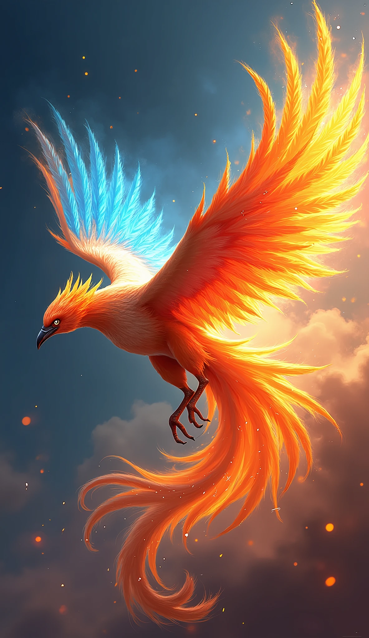 cool phoenix, (blue flames, yellow flames, red flames), flying at high speed, speed lines