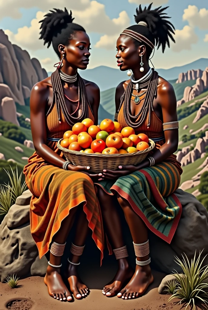 painting of two ZULU women sitting on a rock with a basket of fruit, african arts, beautiful art, beautiful artwork, african queen, black african princess, inspiring art, african princess, traditional beauty, detailed painting“, by Robert Bain, gorgeous art, by Hubert van Ravesteyn, ancient tribe, by László Balogh, beautiful depiction, inspiring, breathtaking art, 