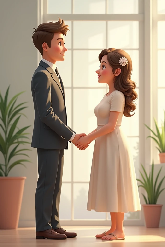 um casal, Tall and thin man, average height and fat woman, getting married at the registry office, no guest, casual clothes.