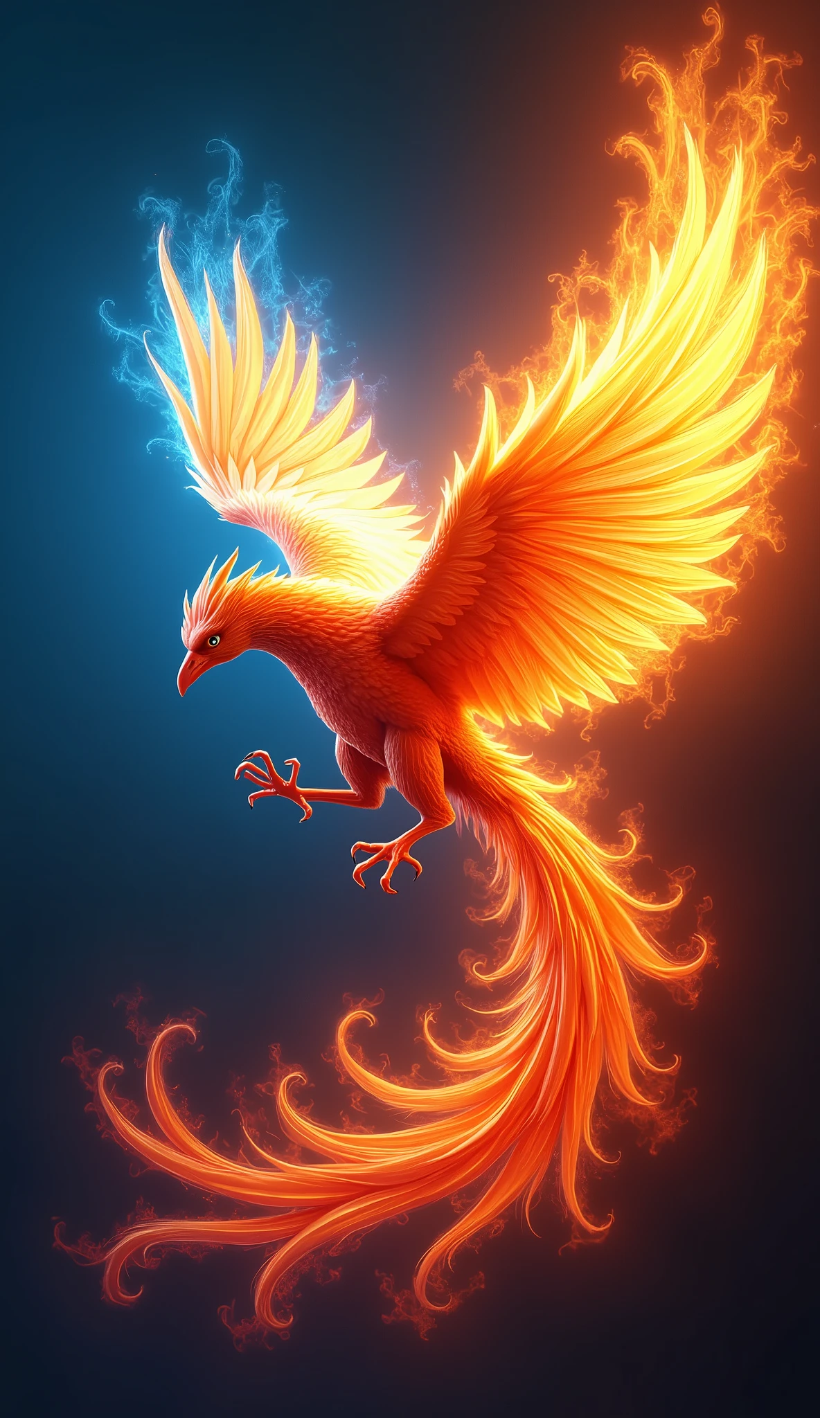 cool phoenix, (blue flames, yellow flames, red flames), flying at high speed, speed lines