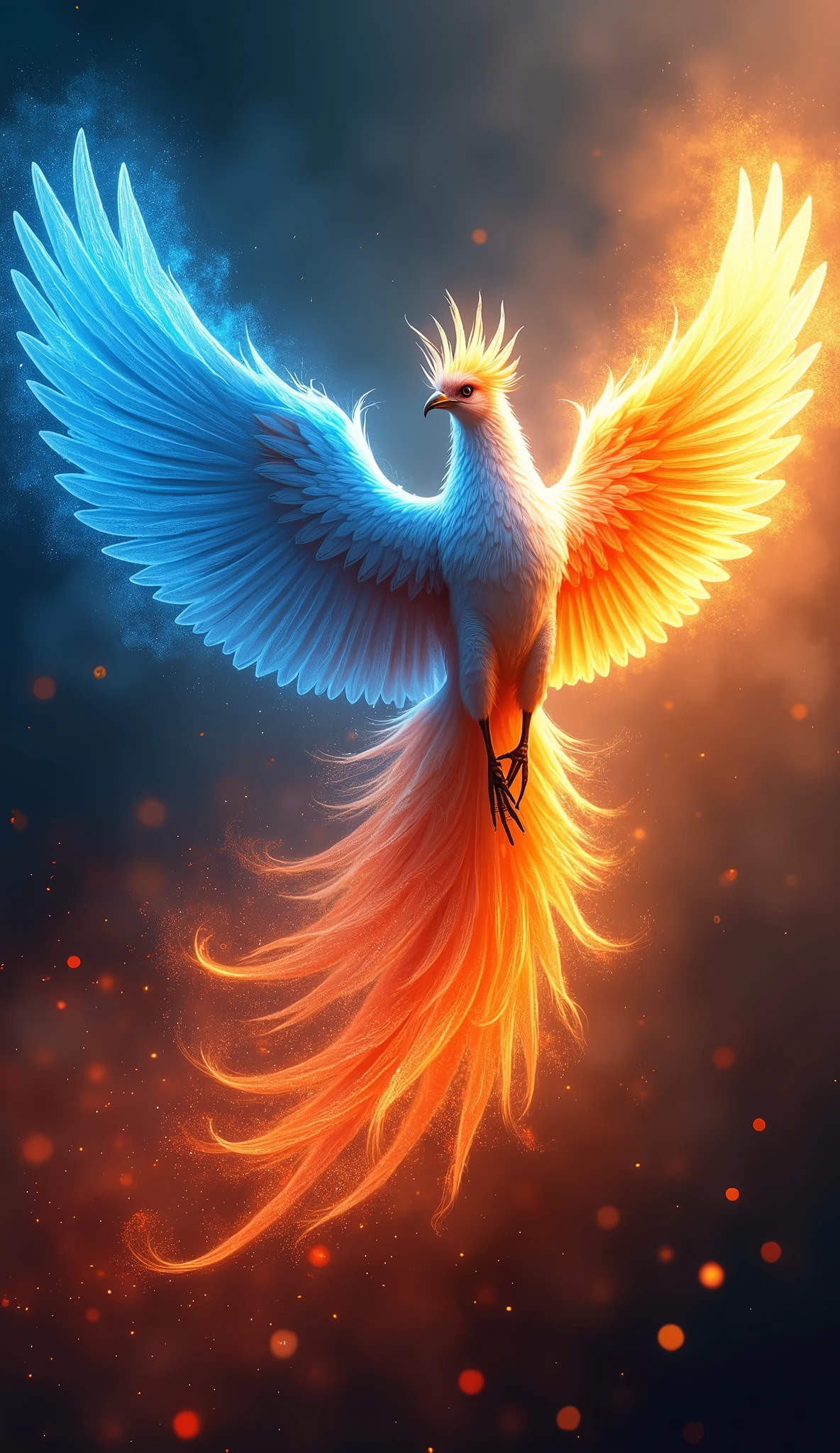 cool phoenix, (big blue flames, medium yellow flames, small red flames), flying at high speed, speed lines