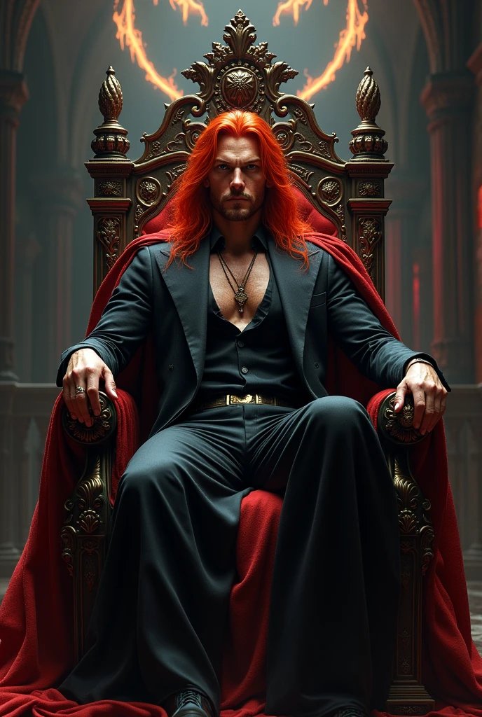 Create a handsome king of hell with long red hair sitting on his throne