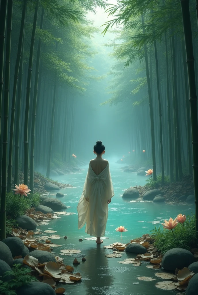 A mystical bamboo forest cast under a soft, ethereal light, as if bathed in the glow of a full moon concealed behind a veil of enchanting mist. The towering bamboo stalks, adorned with an array of dried leaves, form a serene and mysterious labyrinth. At the heart of this enchanted scene, Nezuko, a young girl with the grace of a spirit, stands in a trance-like state. Her eyes, once fiery and protective, are now soft and dreamy, as she succumbs to the forest's tranquil embrace. With an unabashed sense of freedom, she begins to remove her traditional kimono, each layer revealing her flawless porcelain skin, untouched by the harshness of the outside world. The garments fall to the ground, leaving her in her natural state of beauty, as if the very essence of the forest has stripped her of all but her purest form. The dried bamboo leaves beneath her feet crackle softly with each step she takes, creating a symphony of sound that seems to guide her on a predestined path. Her movements are fluid and elegant, each step marked by a gentle sway of her hips that is both innocent and alluring. In the distance, a natural pool of crystal-clear water, fed by a softly cascading waterfall, beckons her closer. The water's surface ripples with the promise of a warm and inviting embrace, surrounded by a ring of luminous, glowing lilies. As Nezuko approaches, her nakedness is not one of vulnerability, but rather a symbol of harmony with nature. The entire scene is a testament to the unspoken balance between purity and power, innocence and wisdom, as she walks with a sense of reverence towards the pool, ready to immerse herself in its healing waters.