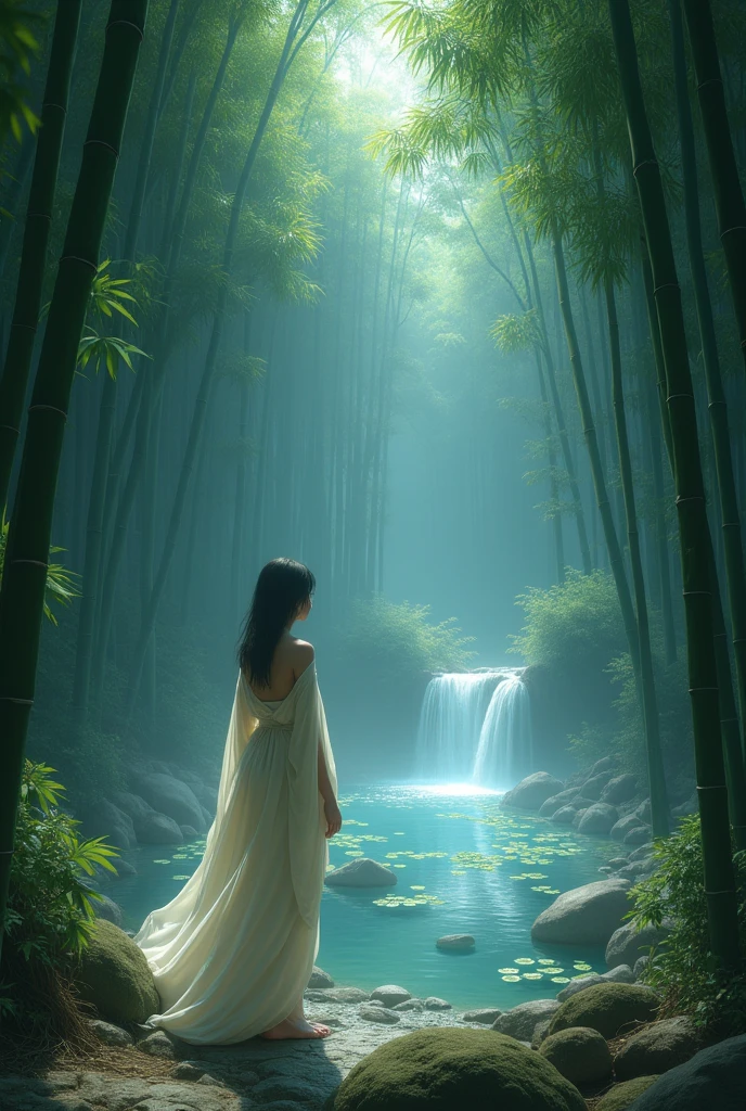 A mystical bamboo forest cast under a soft, ethereal light, as if bathed in the glow of a full moon concealed behind a veil of enchanting mist. The towering bamboo stalks, adorned with an array of dried leaves, form a serene and mysterious labyrinth. At the heart of this enchanted scene, Nezuko, a young girl with the grace of a spirit, stands in a trance-like state. Her eyes, once fiery and protective, are now soft and dreamy, as she succumbs to the forest's tranquil embrace. With an unabashed sense of freedom, she begins to remove her traditional kimono, each layer revealing her flawless porcelain skin, untouched by the harshness of the outside world. The garments fall to the ground, leaving her in her natural state of beauty, as if the very essence of the forest has stripped her of all but her purest form. The dried bamboo leaves beneath her feet crackle softly with each step she takes, creating a symphony of sound that seems to guide her on a predestined path. Her movements are fluid and elegant, each step marked by a gentle sway of her hips that is both innocent and alluring. In the distance, a natural pool of crystal-clear water, fed by a softly cascading waterfall, beckons her closer. The water's surface ripples with the promise of a warm and inviting embrace, surrounded by a ring of luminous, glowing lilies. As Nezuko approaches, her nakedness is not one of vulnerability, but rather a symbol of harmony with nature. The entire scene is a testament to the unspoken balance between purity and power, innocence and wisdom, as she walks with a sense of reverence towards the pool, ready to immerse herself in its healing waters.