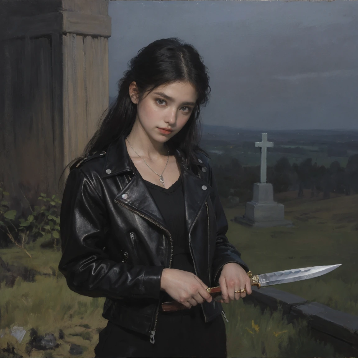 high res, ((oil paiting)), paiting of a beautiful 20 years old girl, looking down on viewer, wearing a black leather jacket and spiked bracelet, ((holding a knife)). night, dark cemetary