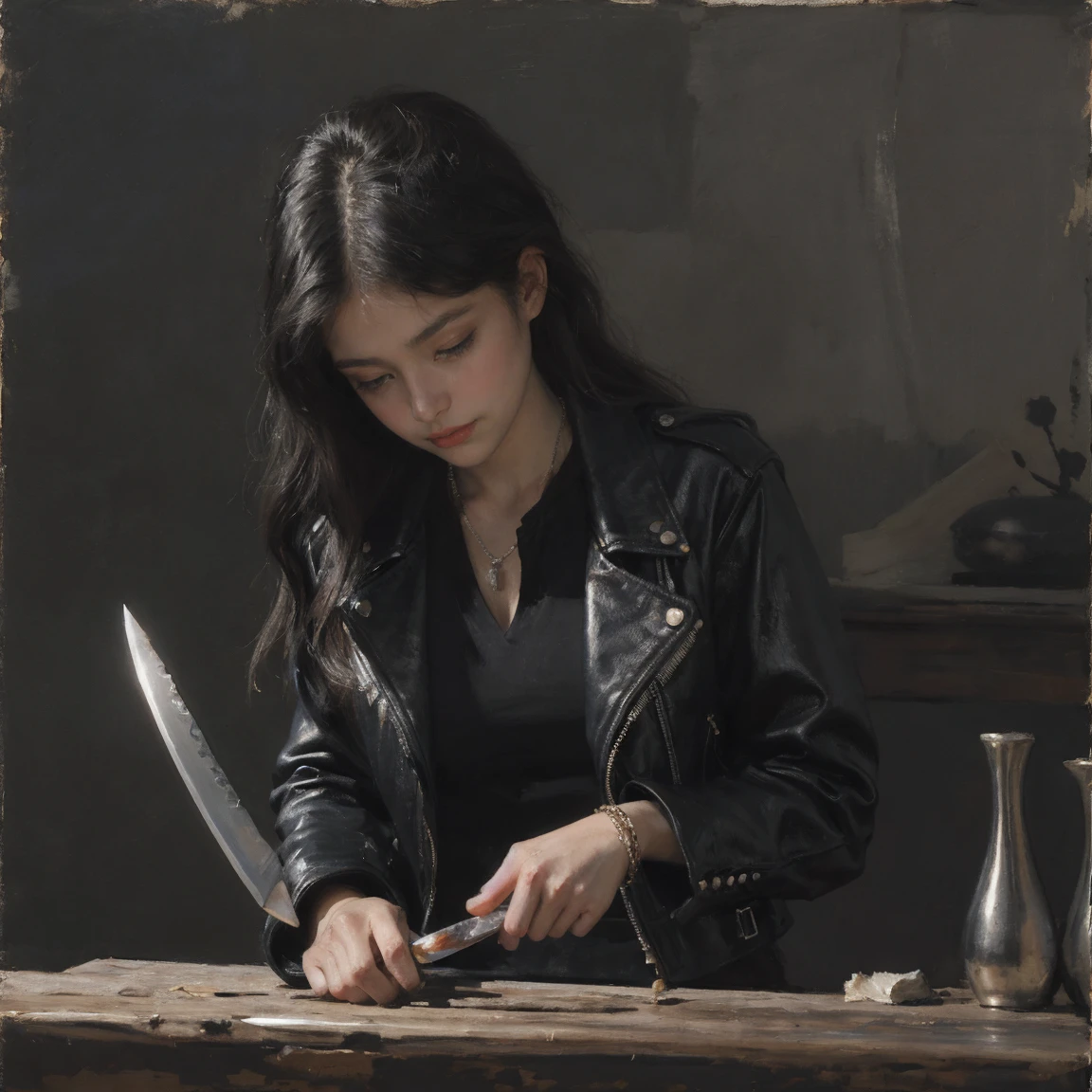 high res, ((oil paiting)), paiting of a beautiful 20 years old girl, looking down on viewer, wearing a black leather jacket and spiked bracelet, ((holding a knife)). night, dark cemetary