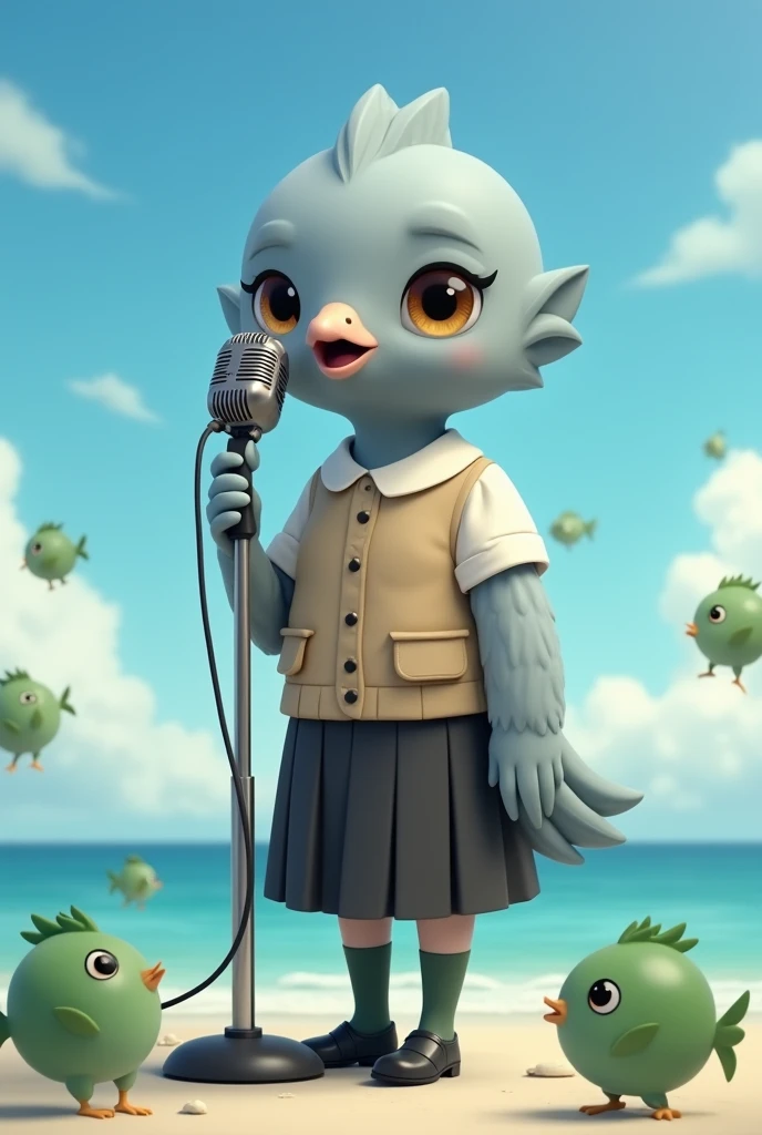((Highest quality)), ((masterpiece)), (photograph:1.6), (front), photorealistic, portrait, Singing with a microphone surrounded by lots of green, round puffer fish。
Big cute eyes, human expression。A small grey female pigeon with a head slightly larger than its body。
Off-white short-sleeved collared shirt with a light brown vest that was closed at the front、A knee-length black skirt with dark green socks and black shoes、Clear blue sky and ocean views。