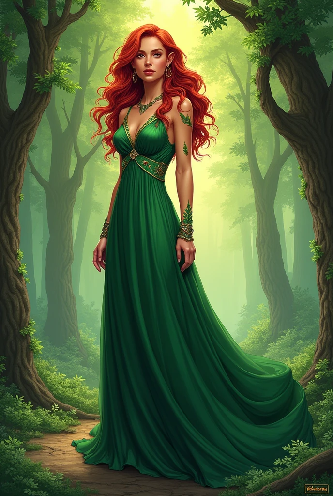 I create 2D art, Keyleth vox machina, ?????????? green dress, leaf details, no criticisms traditional comic book art. Druid