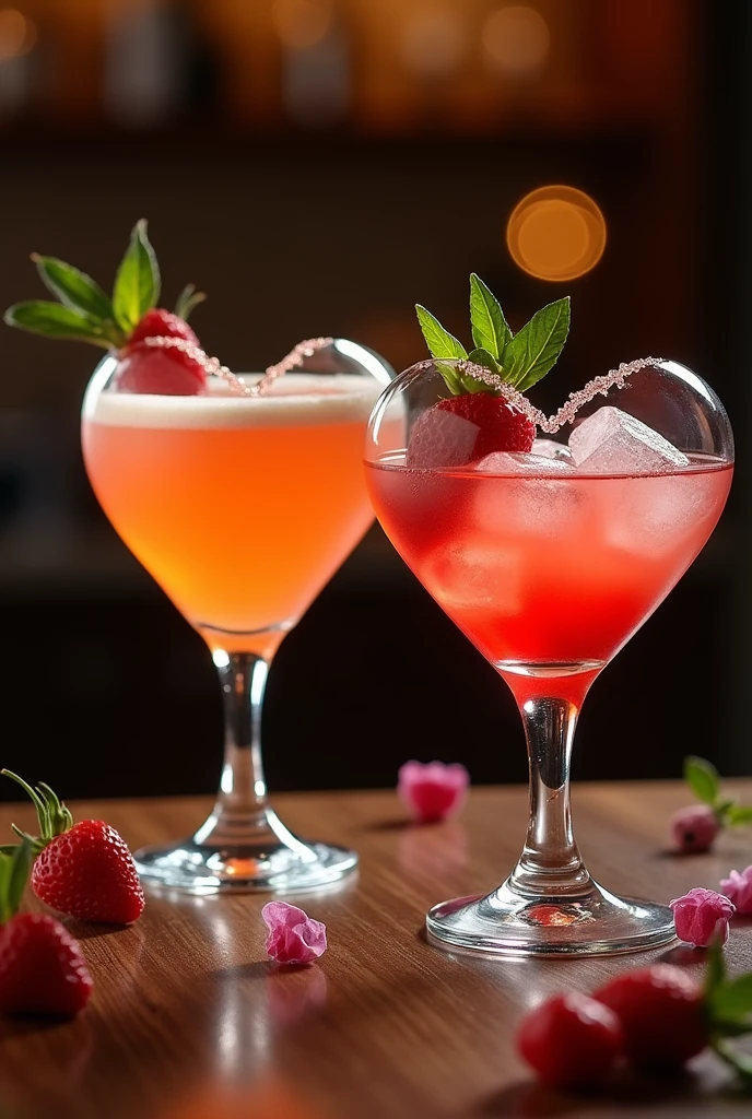 Two beautiful cocktails in the heart sized