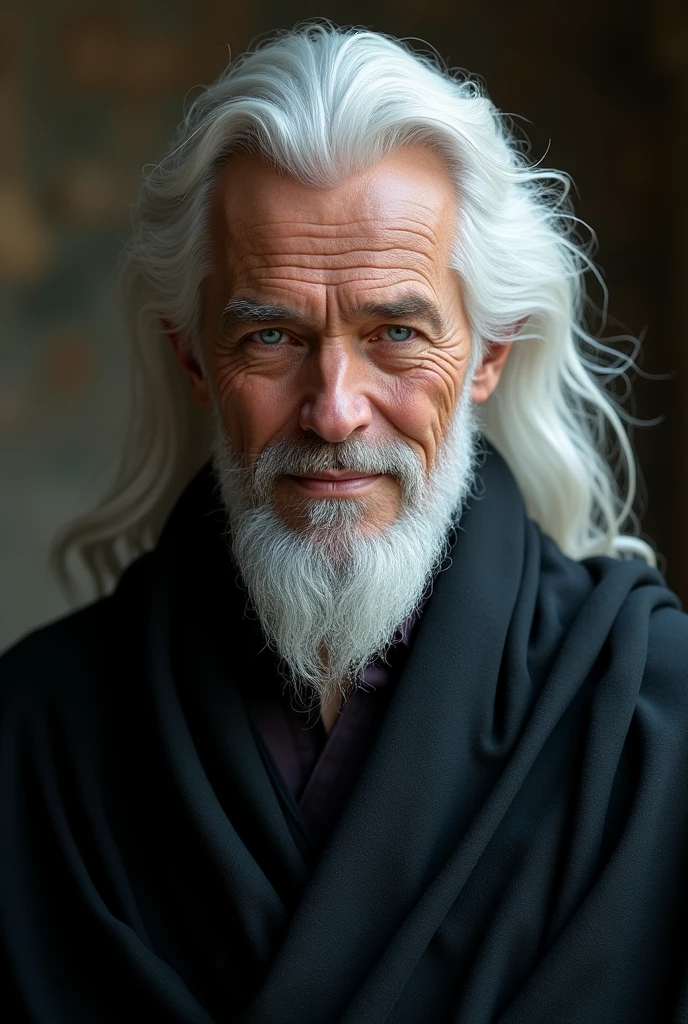 Make a handsome man in black robe, white hair ,blue eyed, smile
