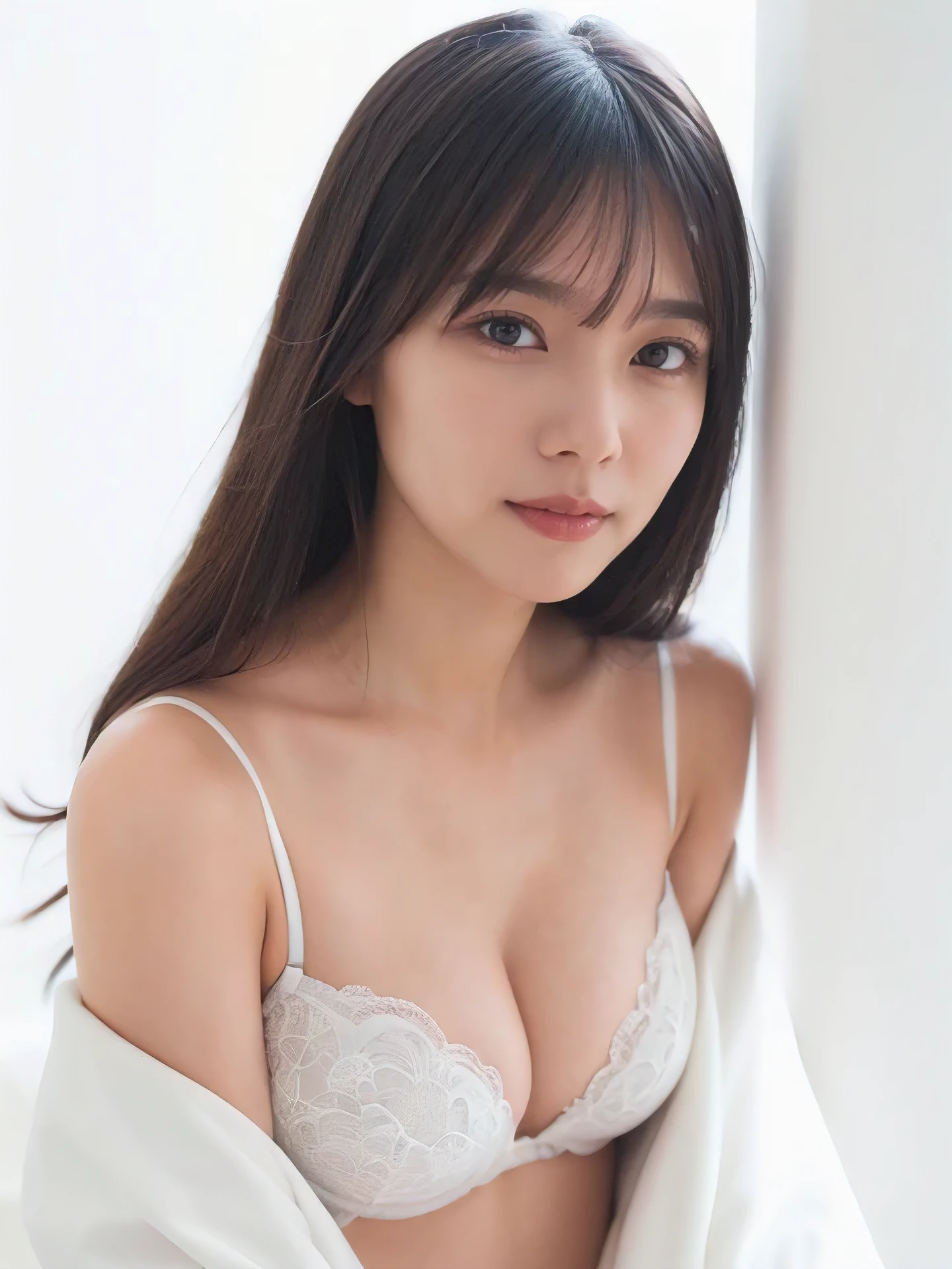 1girl, 25years old woman, cute face, Small breasts, medium breasts, large breasts, beautiful face, (perfectly detailed face), ((looking at viewer)), Simple Background, ((white background)), ((white wallpaper)), White skin, (bright lighting:1.2), perfect lighting, photorealistic, (bokeh), UHD, anatomically correct, highres
