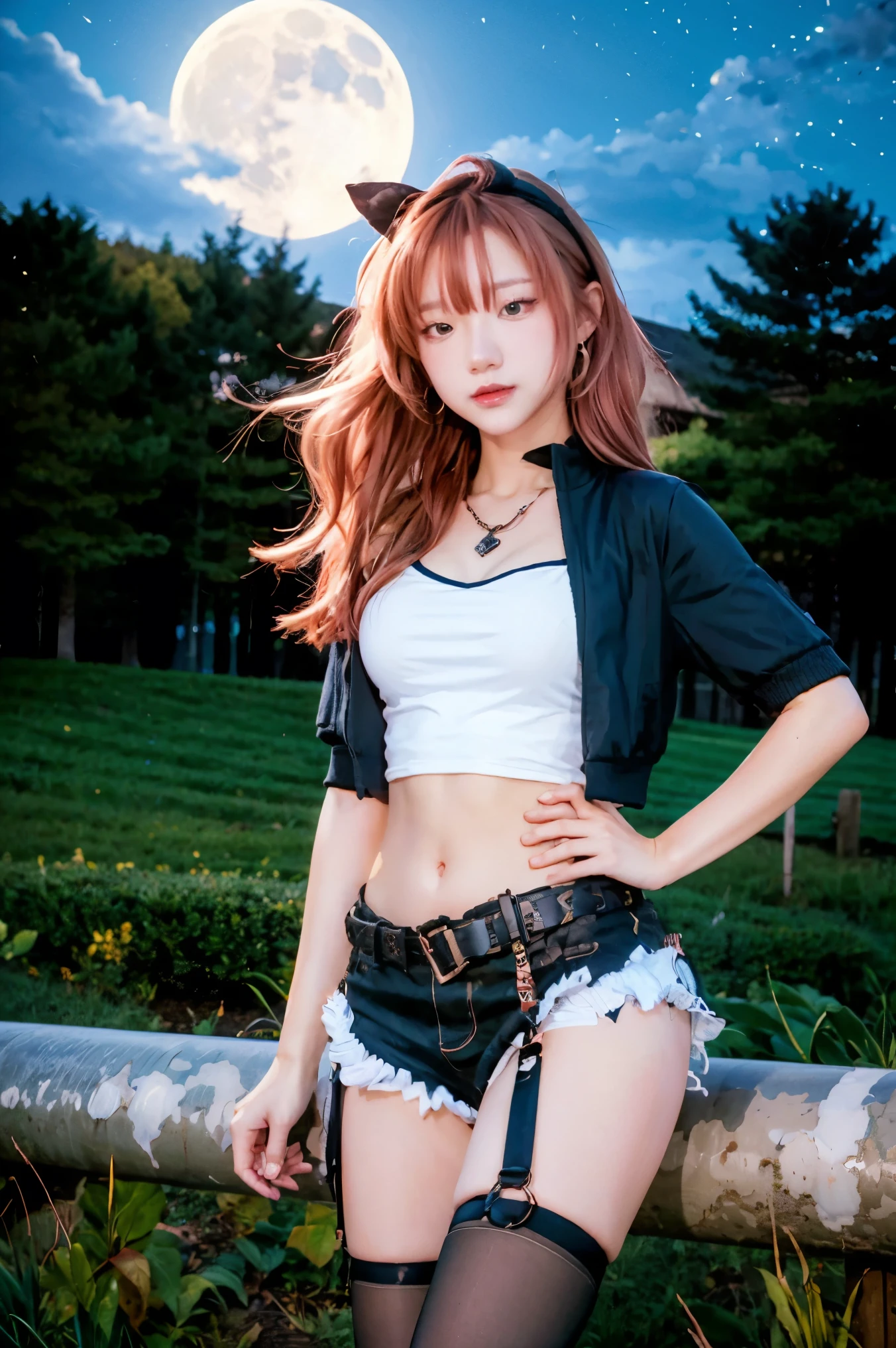 Masterpiece, best quality, very detailed, very detailed,illustration, 1 woman, Nicole starts, headband, hairpin, earring, Black collar, top of pipe, knee high socks, shorts, Crop Jacket, belt, thigh strap, separate arms, Plush toys, permanent, hands on hips, cowboy shooting, night road, moon ，大chest，大chest，chest，cute