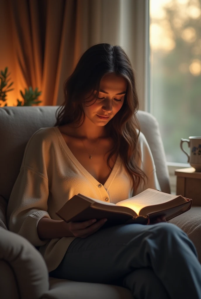 "Create a peaceful and contemplative image of a person reading the Bible. Show the individual seated in a cozy, inviting setting, such as a well-lit room with comfortable furnishings or a tranquil outdoor space. The person should be deeply engrossed in reading the Bible, which is open on their lap or a nearby table. Use soft, warm lighting to gently illuminate both the person and the Bible, emphasizing the calm and reflective mood of the scene. The person’s expression should convey a sense of focus and serenity. Include subtle details like a comfortable chair, a cup of tea, or a calming background to enhance the peaceful atmosphere of their reading experience."




















































