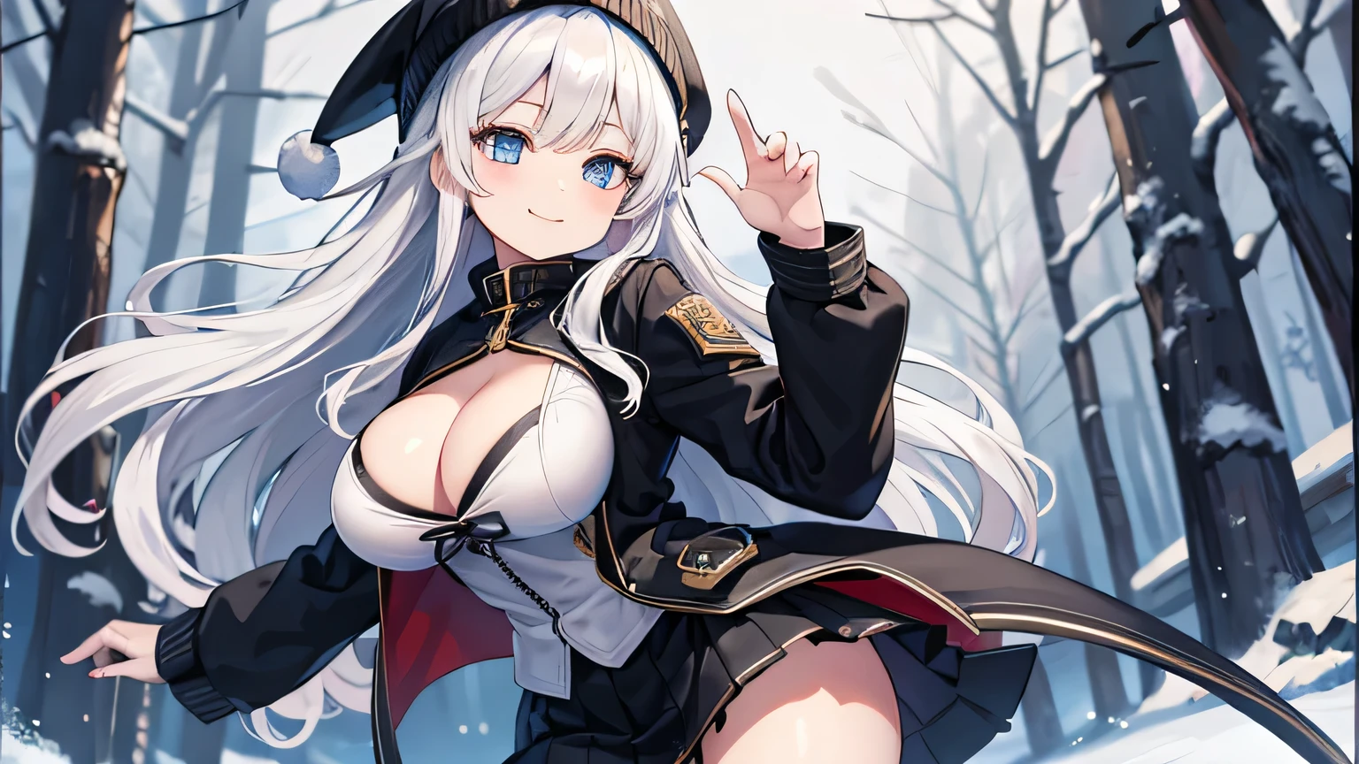 masterpiece, high quality, A pretty woman, Long hair, wavy hair, White hair, blue eyes, smiling face, big breasts, juicy breasts, Open shirt, short skirt, black jacket, black beanie hat, pan, background of a snowy forest