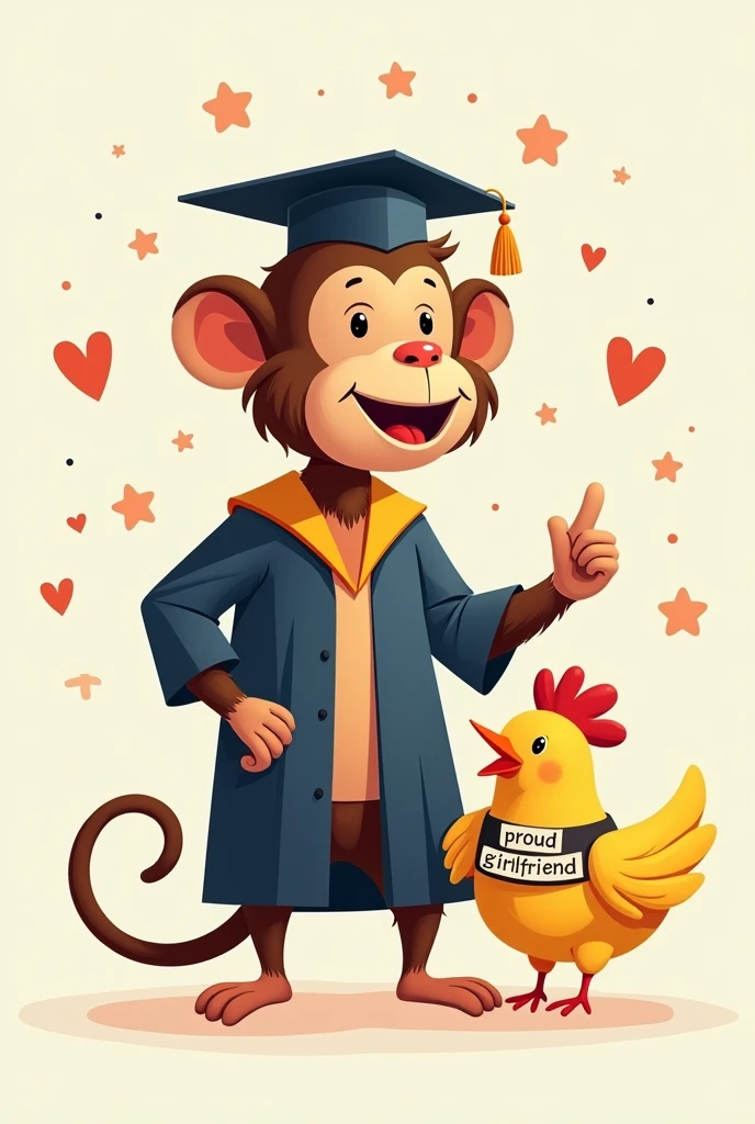 graduated monkey next to a little chicken with a band in the body that says proud girlfriend