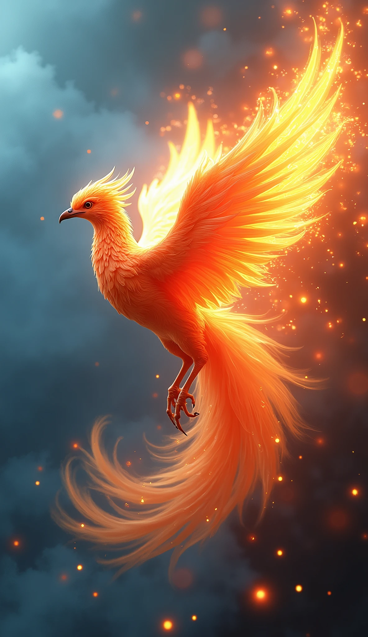 cool phoenix, (whole blue flames, medium yellow flames, small red flames), flying at high speed, speed lines, conceptual installation art, (ultra detailed, absolutely resolution, best quality:1.3), 2.5D, delicate and dynamic effects, artistic, hyper, graphic CG digital fantasy illustration art