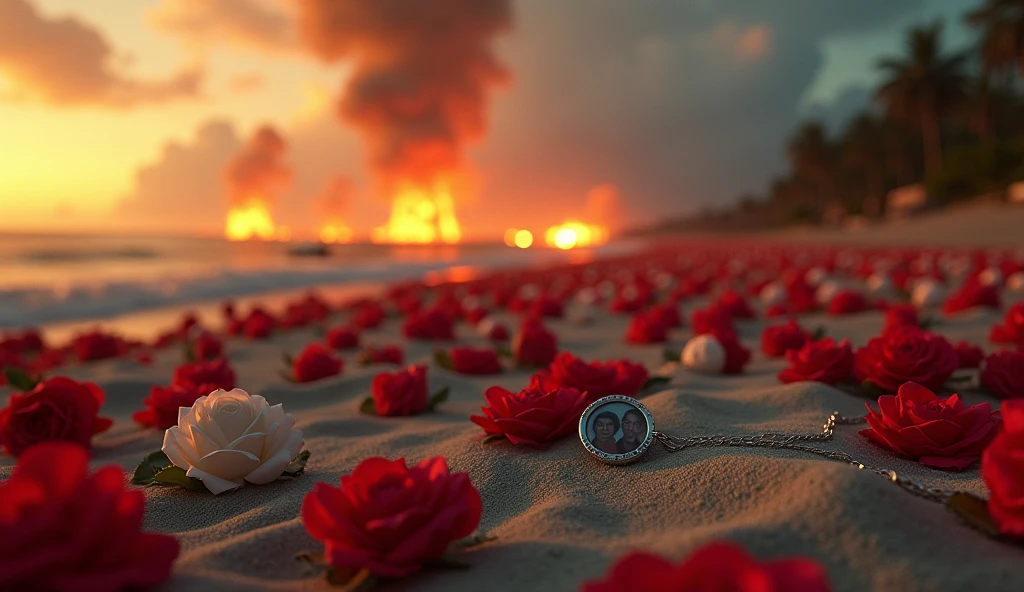 1945; (masterpiece, best quality) destroyed Copacabana Beach roses on the floor; thousands of red white roses on the ground; small necklace with a small photo of a couple a love heart  Down(close-up); bombs falling from the sky.; fire around.