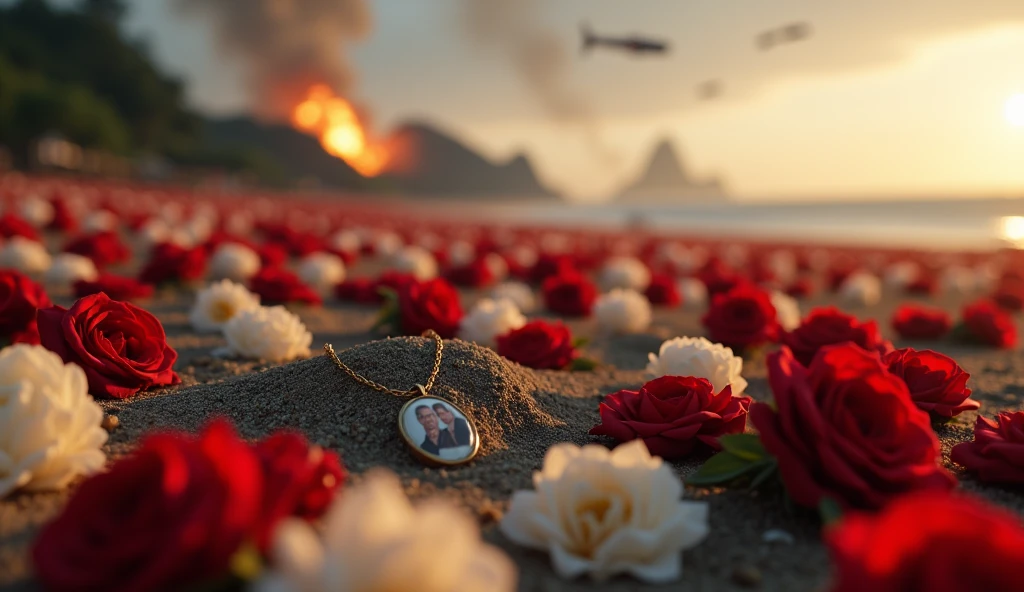 1945; (masterpiece, best quality) destroyed Copacabana Beach roses on the floor; thousands of red white roses on the ground; small necklace with a small photo of a couple a love heart Down(close-up); bombs falling from the sky.; fire around.