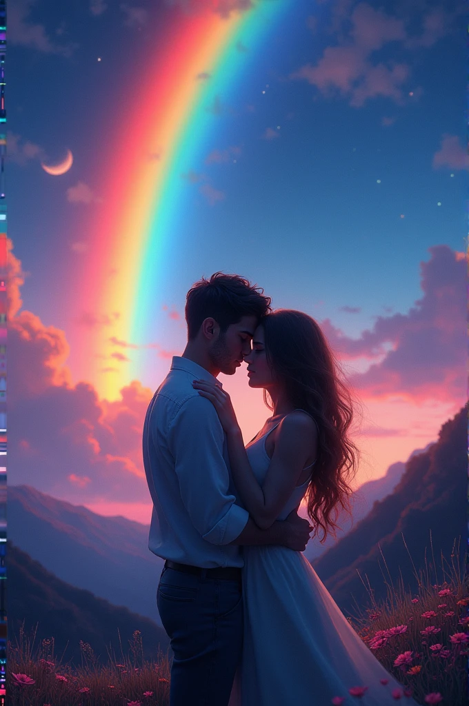 Ultra HD picture with me and my girlfriend laying my shoulder background rainbow in night