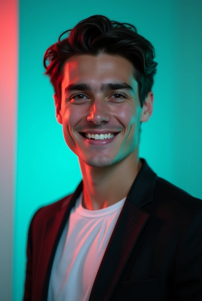 A young man with dark hair and a confident smile. He is dressed in a black blazer over a white T-shirt. The man is positioned against aqua colour backdrop with a subtle red lighting on the left side. And he posing linkedin profile