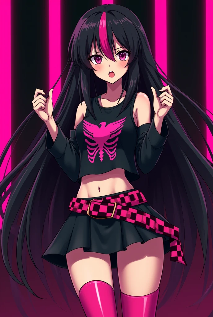 You can create an image of an anime scene character who wears black hair spread out to her hips and wears hot pink bangs that cover her eyes with black stripes on the bangs., Her skin is normal and she wears hot pink knee-high boots with a dove skirt., a hot pink belt with black and hot pink squares, a shirt with sleeves cut from the shoulders to the hands and a black shirt with a picture of ribs and a bright pink heart, her expression is scared and a black background with hot pink stripes