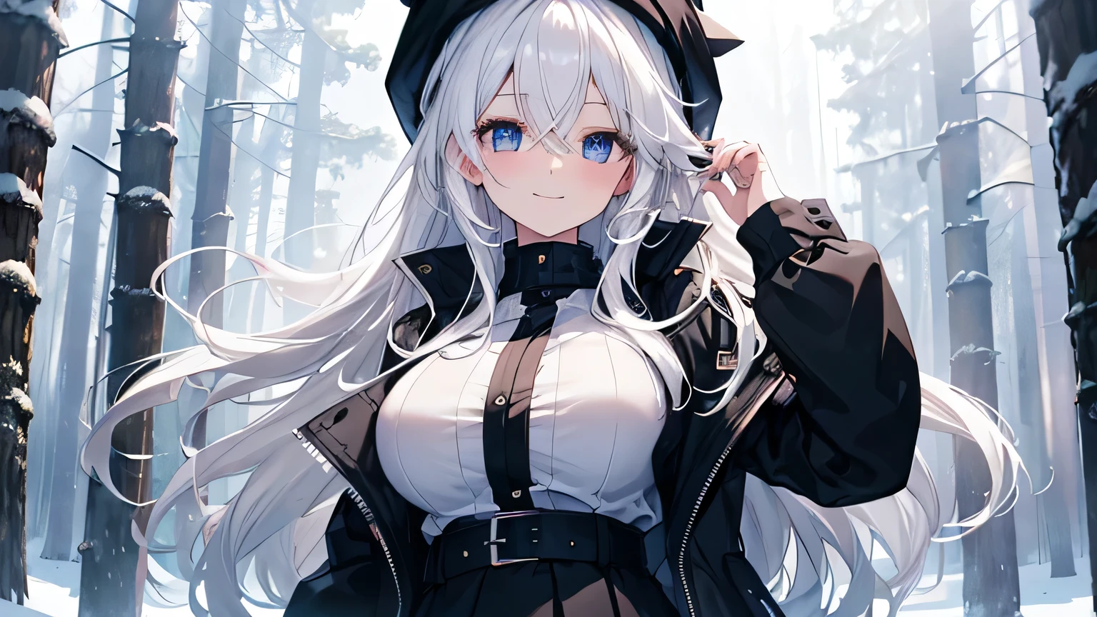 masterpiece, high quality, A pretty woman, Long hair, wavy hair, White hair, blue eyes, smiling face, big breasts, juicy breasts, Open shirt, short skirt, black jacket, black beanie hat, pan, background of a snowy forest