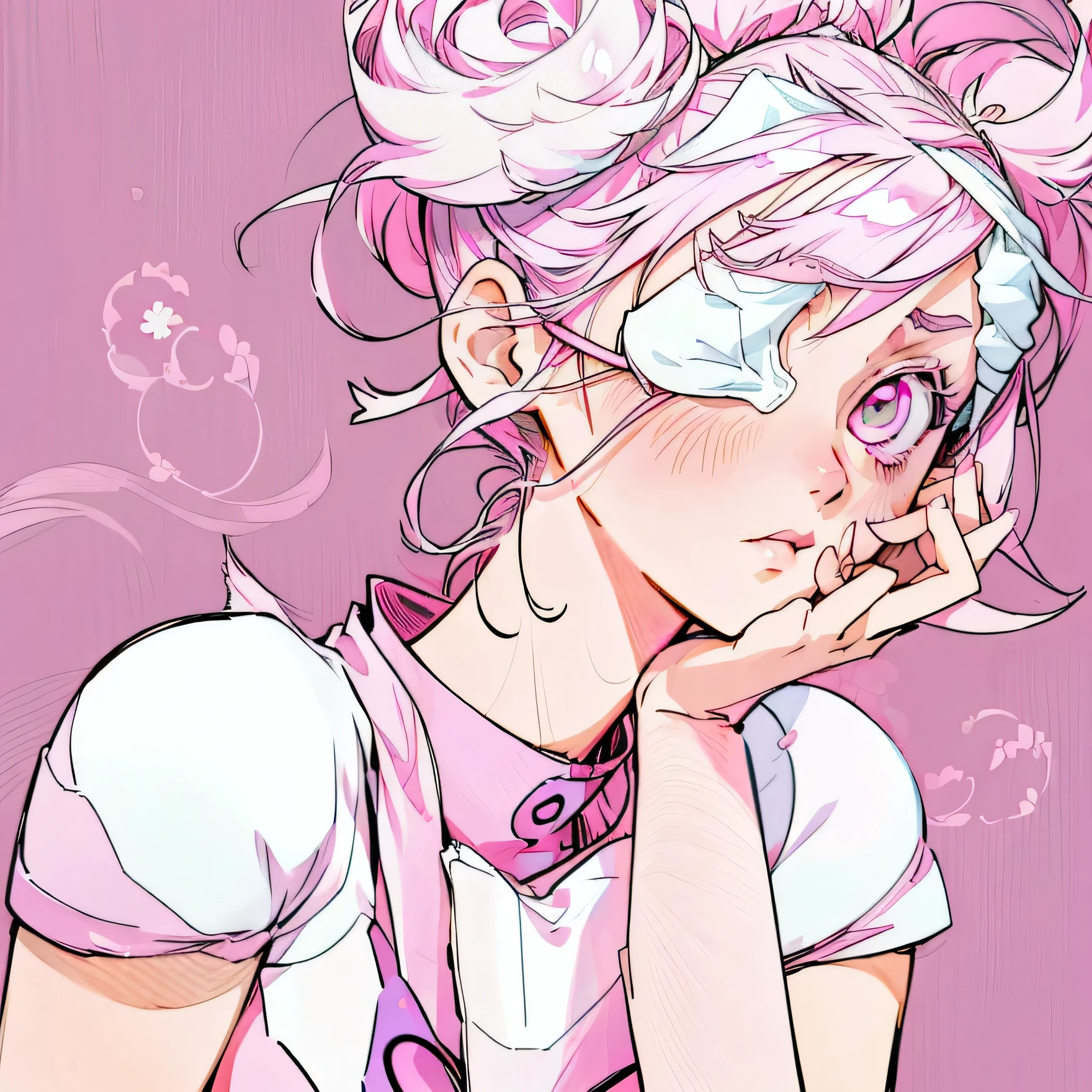 anime girl with pink eyes and a towel on her head, in an anime style, haruno sakura, pink girl, clean detailed anime style, 2 d anime style, wearing an eyepatch, ((pink)), anime style portrait, pink face, anime styled, in anime style, sakura haruno, betty cooper, flat anime style shading, pink eyes