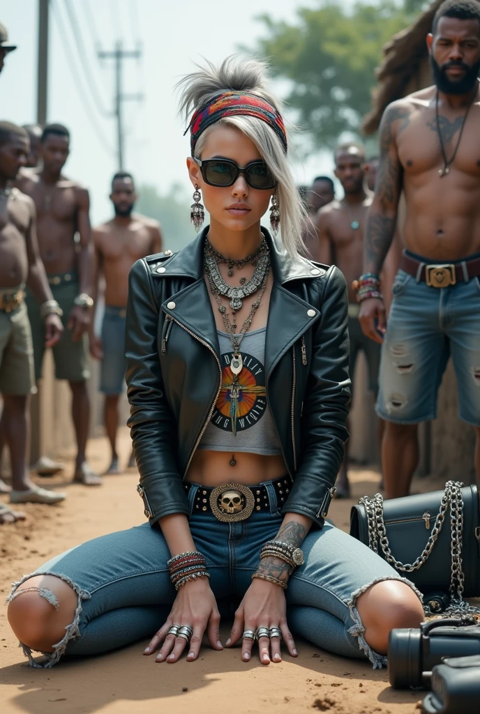 russian milf woman, grey hair (pouf, and top bun and shaved sides) and wide colourful bandana as headband, oversized square maxi sunglasses with very light blue eyes, extremely pale. Wearing aged black moto jacket with lots of zippers and pins, aged dark grey cropped t-shirt with guns and roses logo , skinny blue jeans with holes in knees and dirty white tennis sneakers. Dirty knees and dusty hands. Lots of metallic bracelets, lots of boho pendants and lots of colourful beads collars. Tacky wide studded leather belt with oversized skull and bones buckle. Long bohemian earrings with colourful feathers. Kneeling like in a payer, chin up stretching her neck , humble facial expression. Hands on her knees, showing off bracelets and rings. studded black leather tote bag with chains on the floor, next to her.. Listening in amazement to somebody speaking to her, well toned abdominals, thin neck, slim legs and thin arms. Tattoed heavily on chest and hands. Dirt street in Kenian village full of waste. A lot of tanned shirtless fat men in jeans around looking at her. next to her, all her belongings scattered on the floor: makeup kit, little makeup mirror, studded black leather tote bag, lipstick, wallet, moble etc on the floor