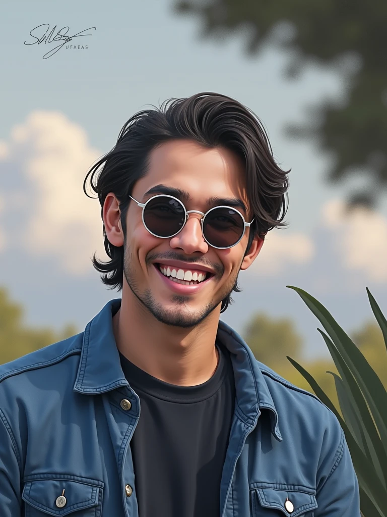 A digital art portrait of a young man with medium-length straight dark hair wearing round dark sunglasses. He has a light mustache and an expressive, friendly face. The background is a blurred outdoor setting with a hint of greenery. The art style should be modern and vibrant, capturing the likeness while adding artistic flair, with soft brushstrokes and a focus on warm, earthy tones to complement the natural setting. The overall feel should be contemporary and creative, with attention to detail in the facial features and sunglasses.